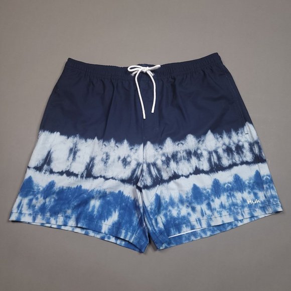 HUK Fishing Pursuit Salt Dye Volley Deep Ocean Blue Swim Trunks 5.5" Large
